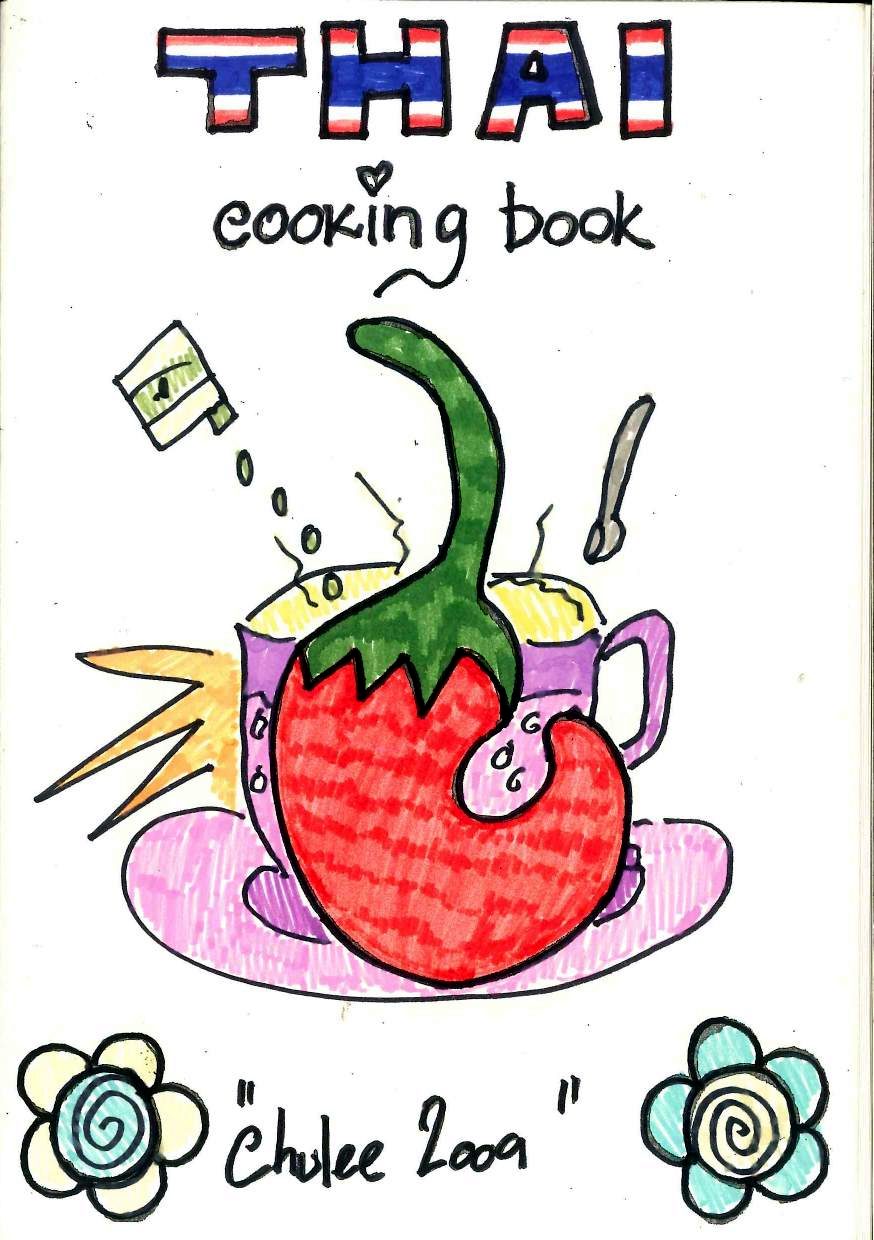 Handgemaltes Cover: Thai Cooking Book, Chulee 2009, mit einer roten Chilischote in einer Tasse