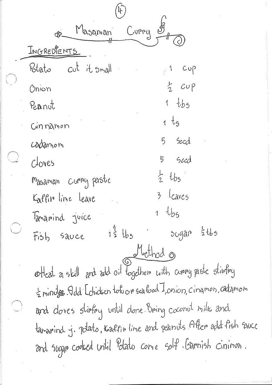 Handschriftliches Rezept für Massaman Curry mit Zutatenliste und Zubereitung