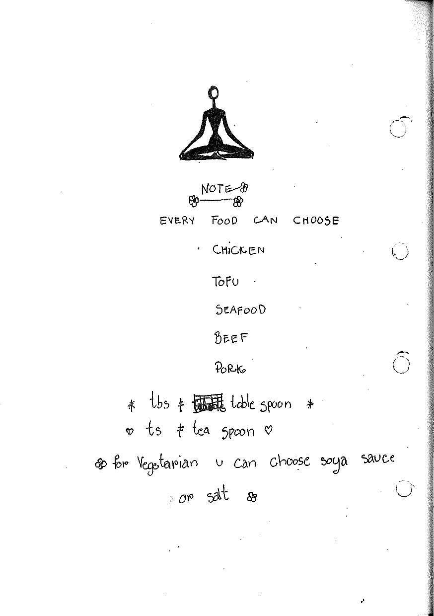 Handschriftliche Notizseite: Every food can choose – Chicken, Tofu, Seafood, Beef, Pork