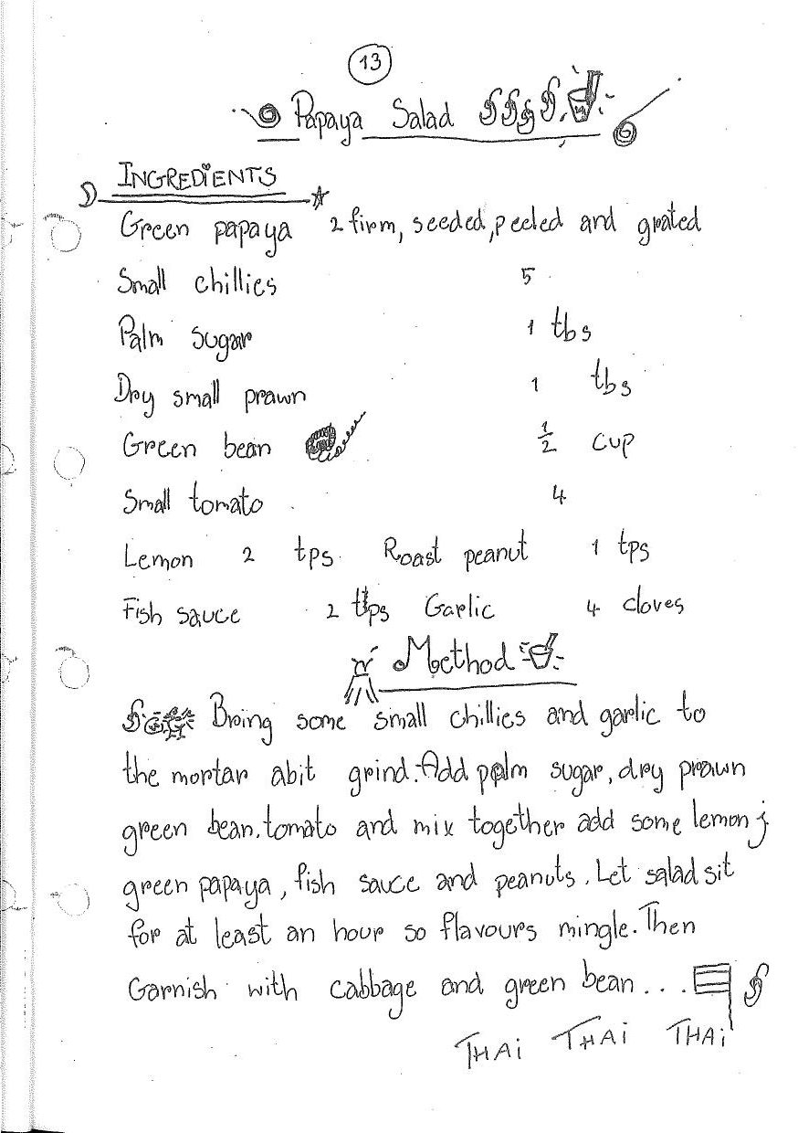 Handschriftliches Rezept für Papaya Salad mit Zutatenliste und Zubereitung